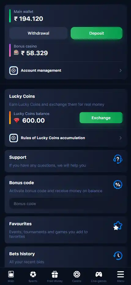 Casino interface after registration