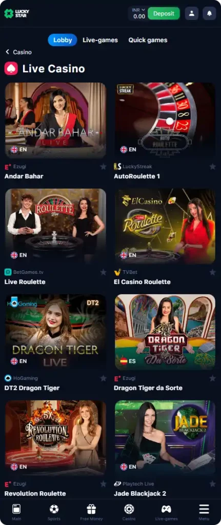 Selection of games on lucky star casino