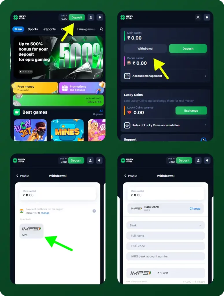 Detailed guide on how to deposit funds into a player's account at Lucky Star Casino